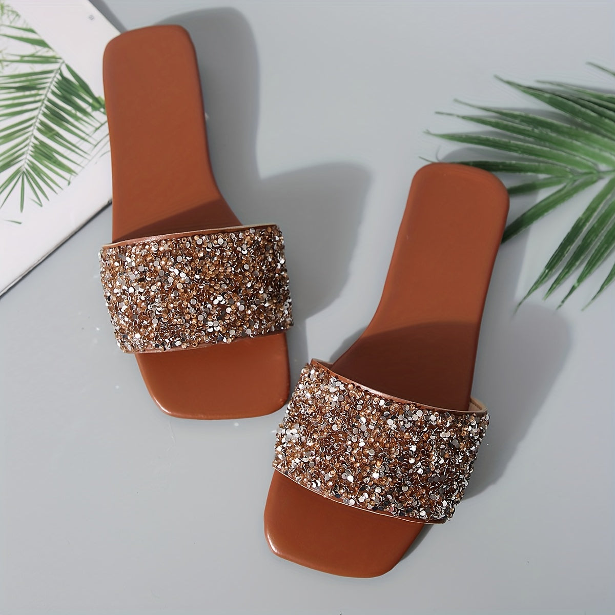Vibrant Sequin Embellished Square Toe Flat Slides for Women - Stylish, Fashionable, and Comfortable Open-Toe Summer Shoes for Beach, Outdoor, and Casual Occasions - Perfect for Warm Weather, Vacation, and Relaxation