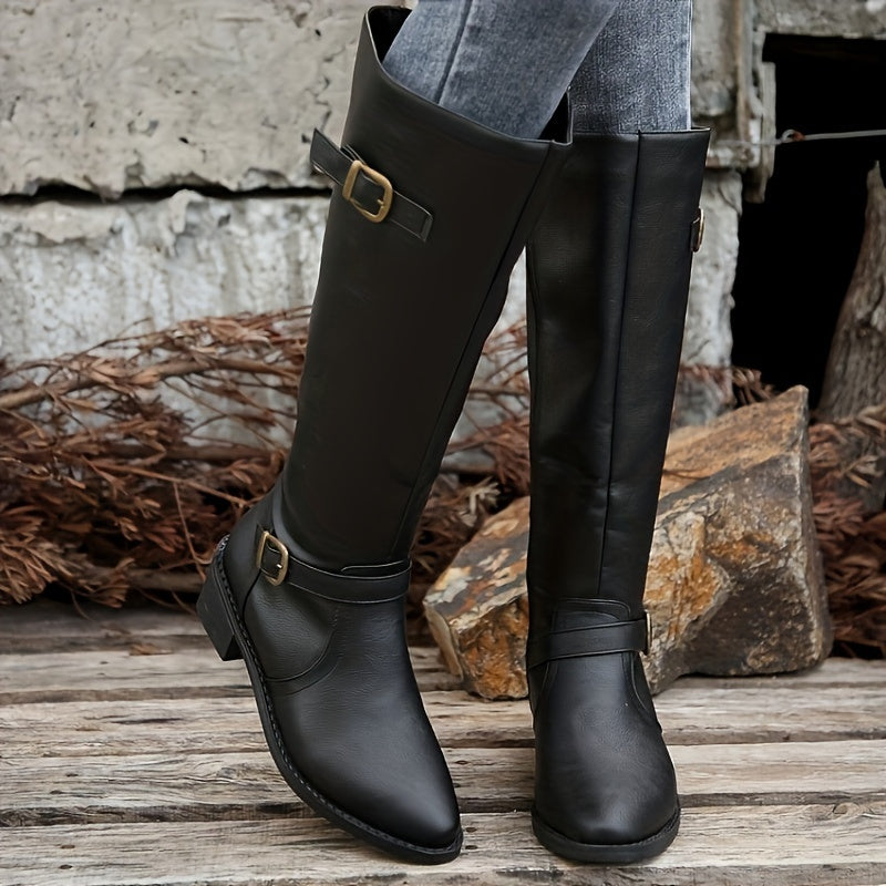 Stylish Chunky Heel Knight Boots for Women - Comfortable Pull-On Design with Side Zipper, Buckle Belt, and Solid Color Options - Perfect for Casual and Formal Occasions