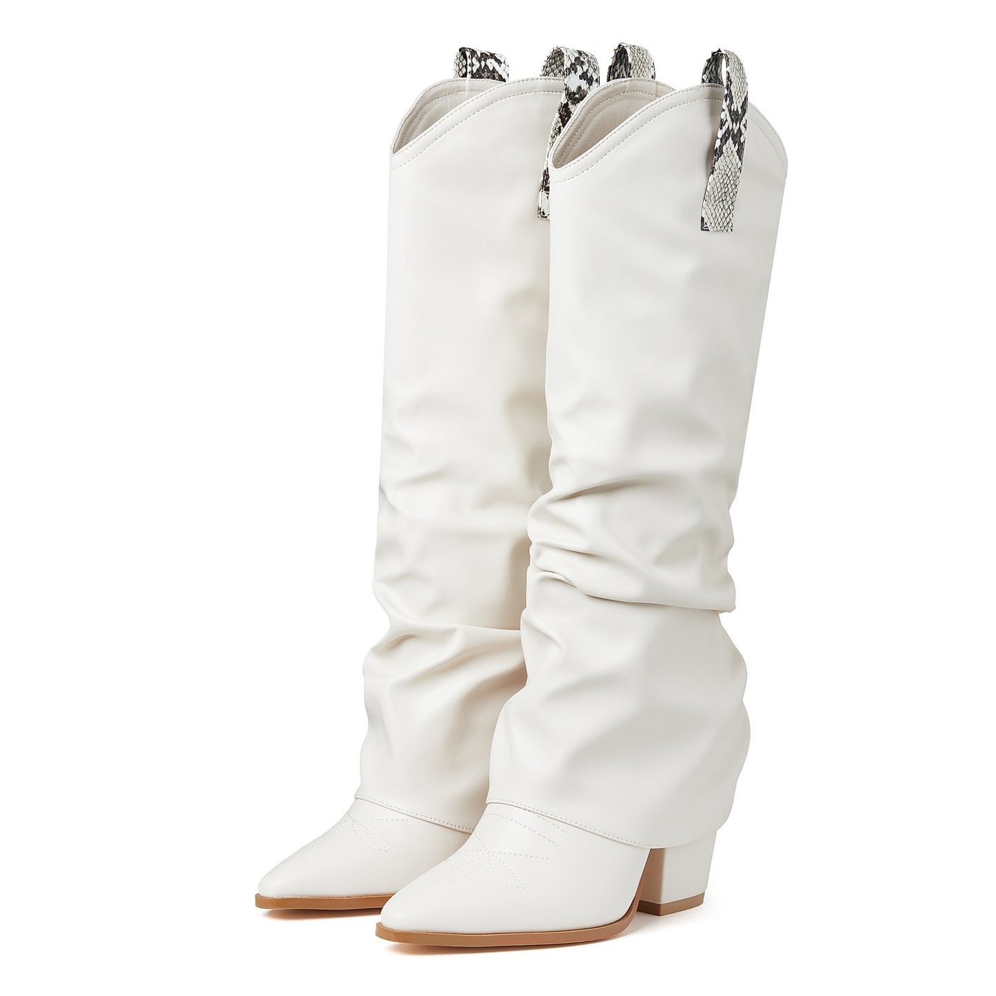 Womens Cowboy Boots - Knee-High Elegance with Sharp Pointed Toe - Effortless Pull-On Western Style - Stacked Chunk Heel for Stability - Fashionable Mid Calf Fold-Over Design - Premium PU Faux Leather