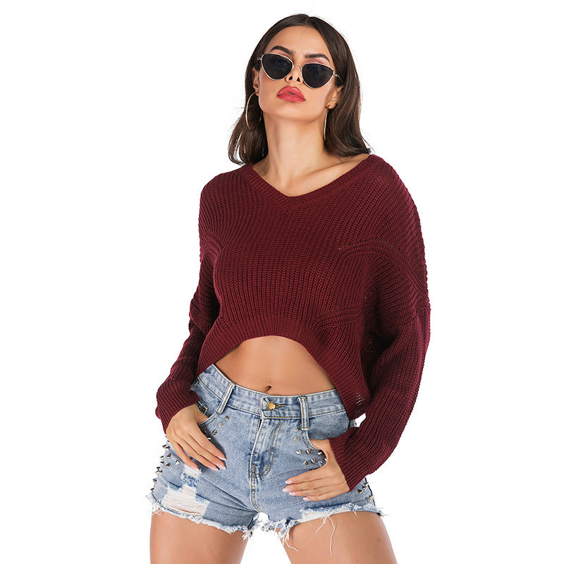 IKEARLAX Popular trade popular autumn and winter , and irregular V-neck pullover short navel knitted sweater women