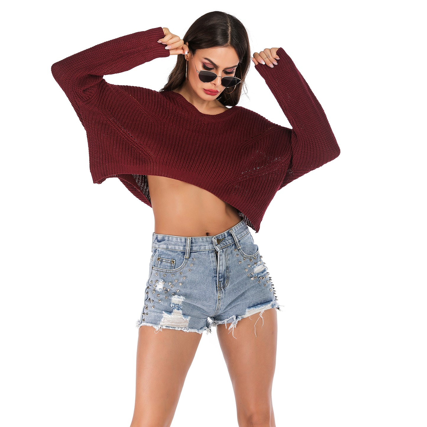 IKEARLAX Popular trade popular autumn and winter , and irregular V-neck pullover short navel knitted sweater women