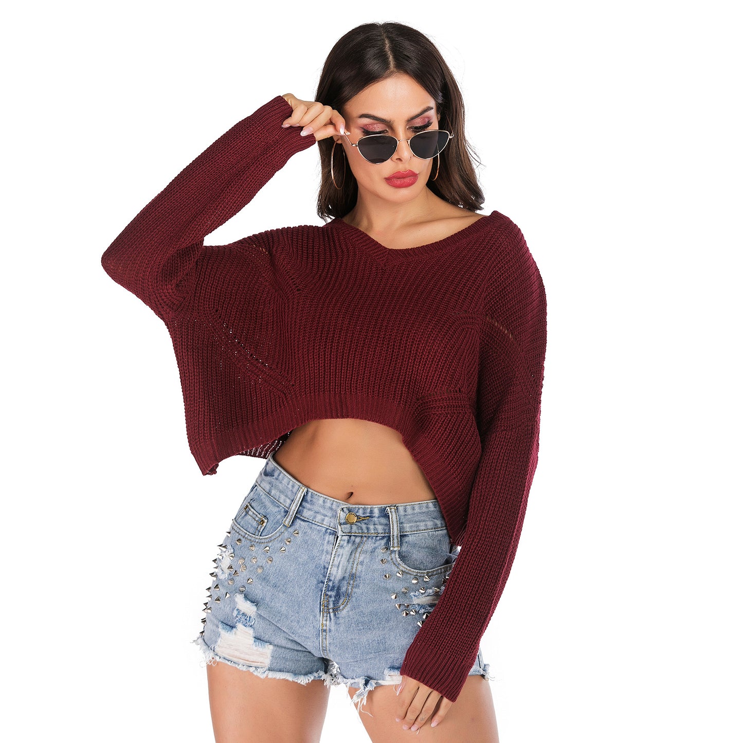 IKEARLAX Popular trade popular autumn and winter , and irregular V-neck pullover short navel knitted sweater women