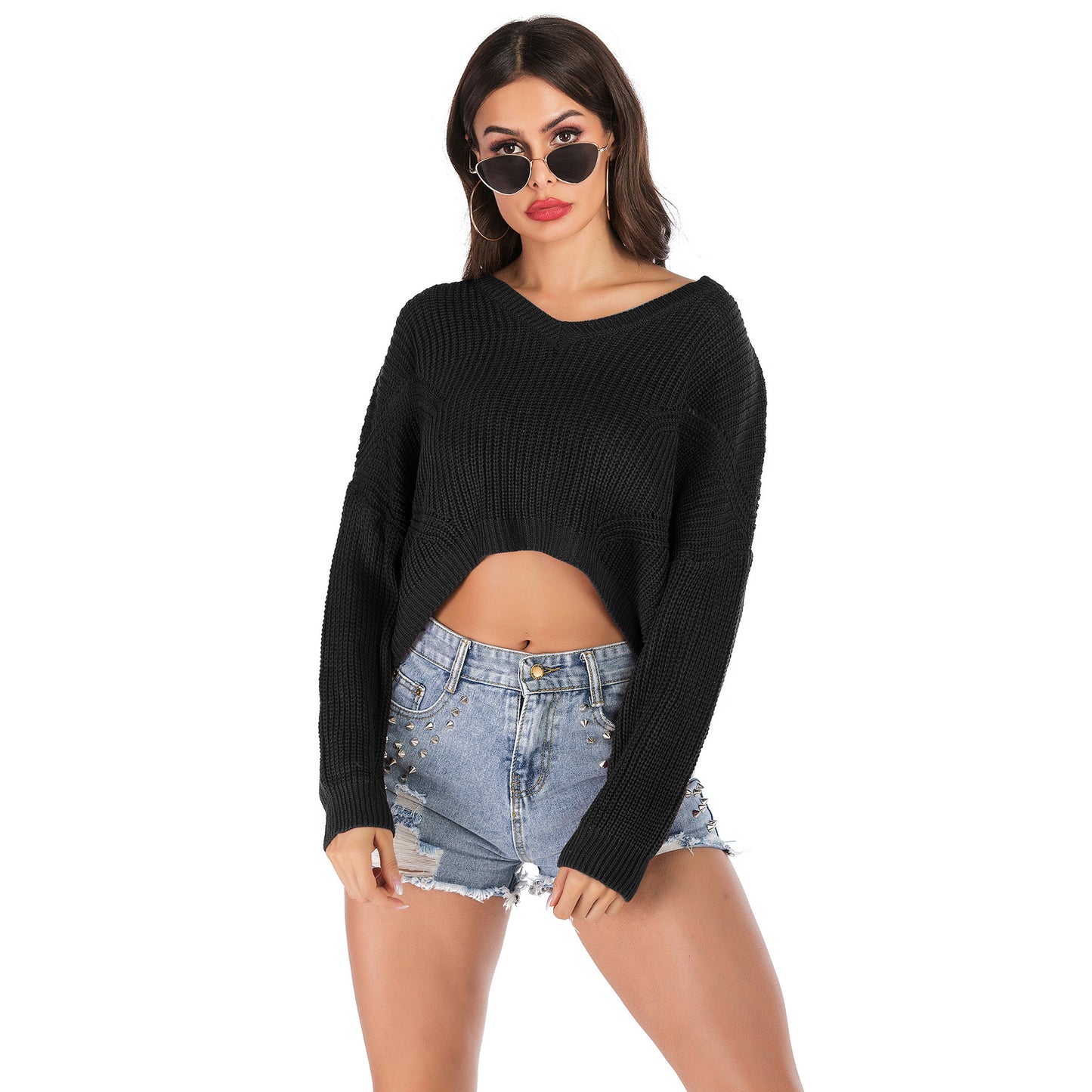 IKEARLAX Popular trade popular autumn and winter , and irregular V-neck pullover short navel knitted sweater women