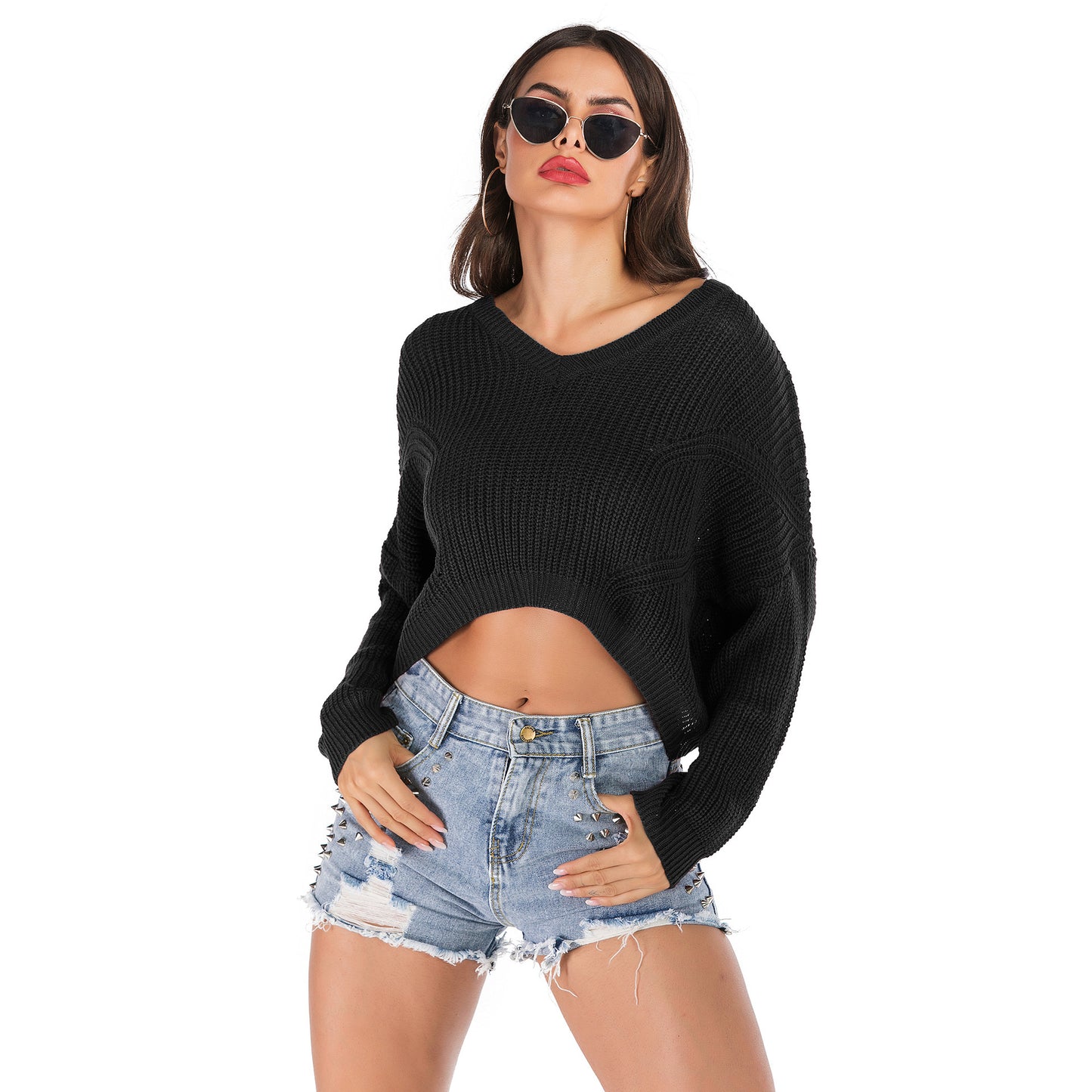 IKEARLAX Popular trade popular autumn and winter , and irregular V-neck pullover short navel knitted sweater women