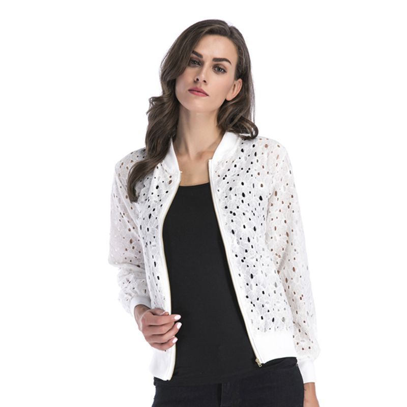 IKEARLAX New autumn new lace hook-up hollow blouse zipper cardigan, long-sleeved jacket women