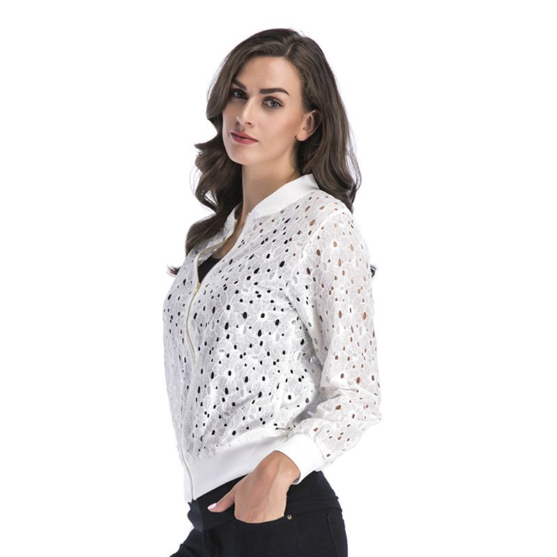 IKEARLAX New autumn new lace hook-up hollow blouse zipper cardigan, long-sleeved jacket women