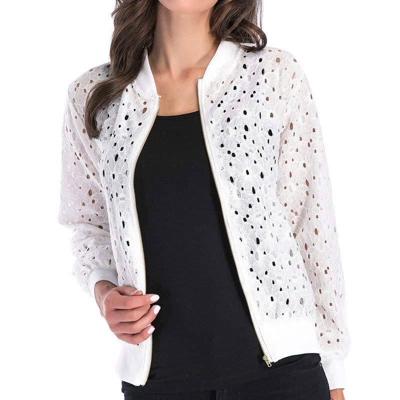 IKEARLAX New autumn new lace hook-up hollow blouse zipper cardigan, long-sleeved jacket women