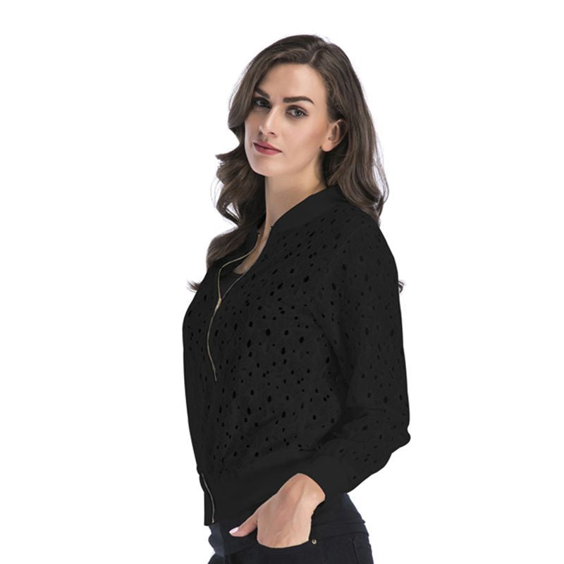IKEARLAX New autumn new lace hook-up hollow blouse zipper cardigan, long-sleeved jacket women