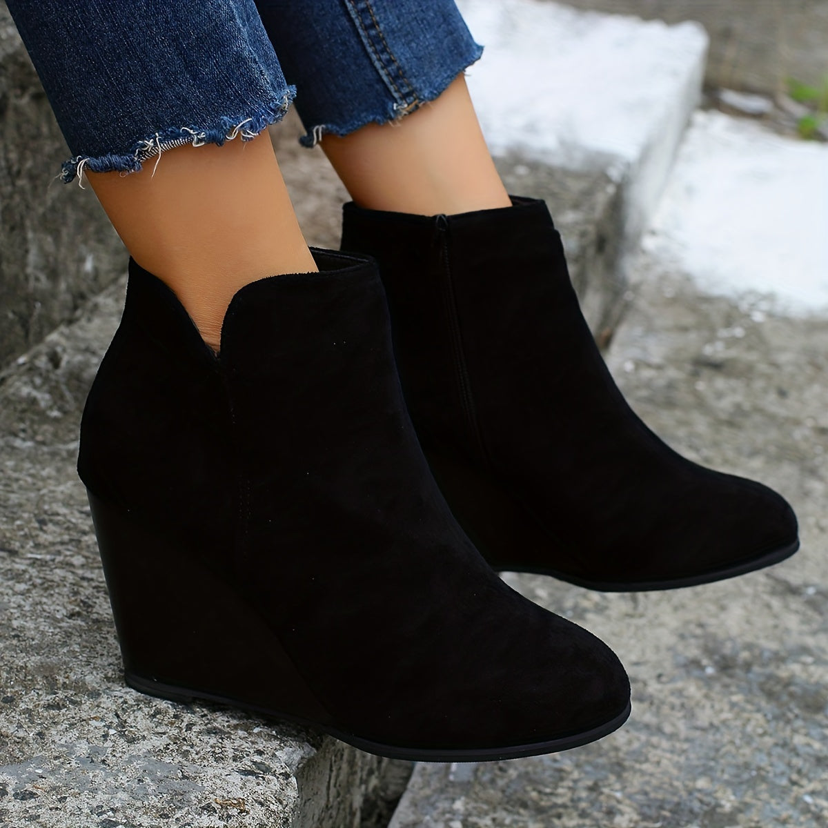 Women's Solid Color Boots, Side Zipper Heightening Wedge Casual Boots, Versatile Comfy Daily Shoes