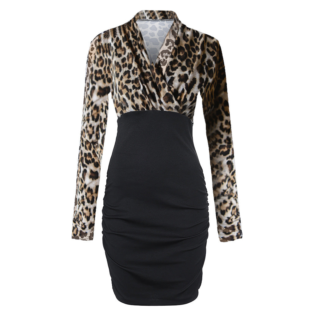 IKEARLAX Foreign Trade New Fashion Sexy European and American Women's V-neck Long Sleeve Leopard Splicing Slim Sheath Dress