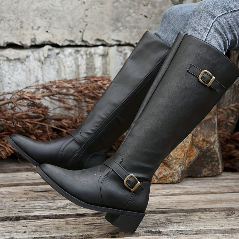 Stylish Chunky Heel Knight Boots for Women - Comfortable Pull-On Design with Side Zipper, Buckle Belt, and Solid Color Options - Perfect for Casual and Formal Occasions