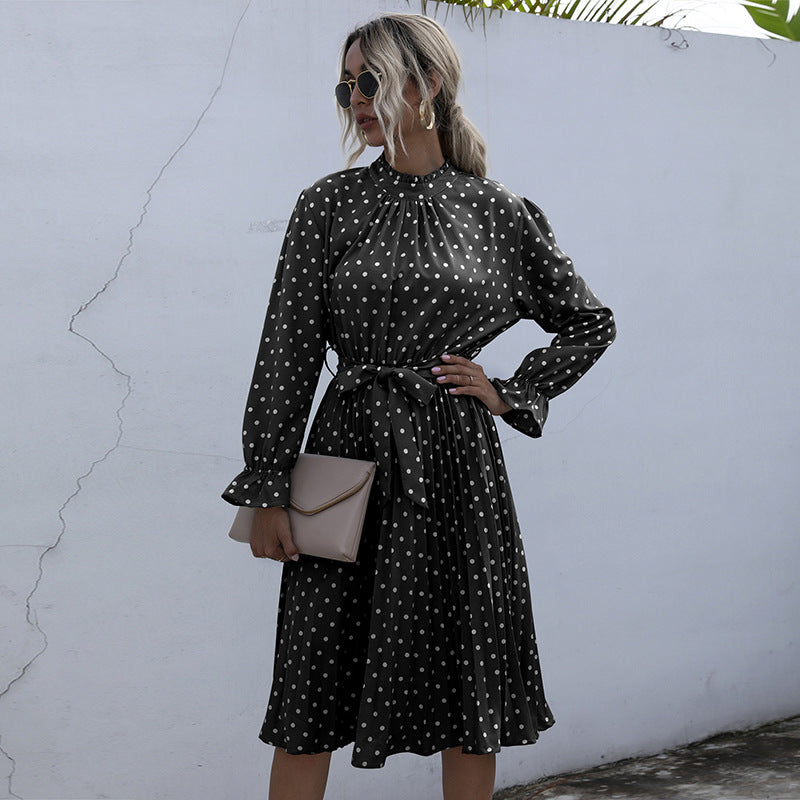 IKEARLAX autumn cross-border polka dot dress women's ruffle edge long sleeve pleated waist belt skirt