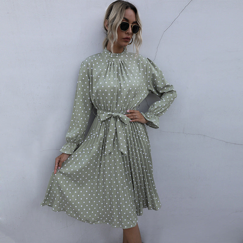 IKEARLAX autumn cross-border polka dot dress women's ruffle edge long sleeve pleated waist belt skirt