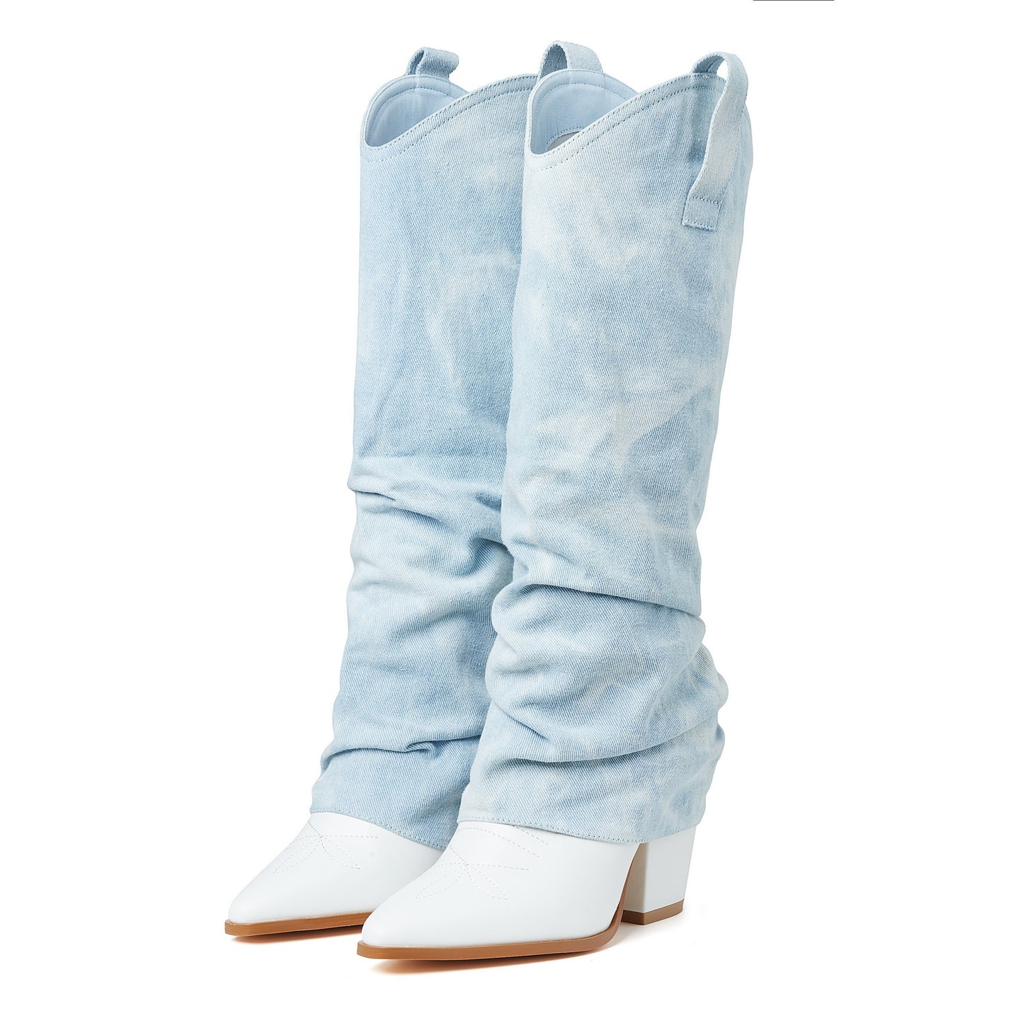 Womens Cowboy Boots - Knee-High Elegance with Sharp Pointed Toe - Effortless Pull-On Western Style - Stacked Chunk Heel for Stability - Fashionable Mid Calf Fold-Over Design - Premium PU Faux Leather