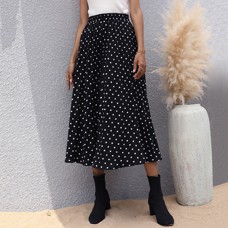 IKEARLAX cross-border trade a-shaped skirt high waist medium and long summer elastic polka dot skirt wholesale