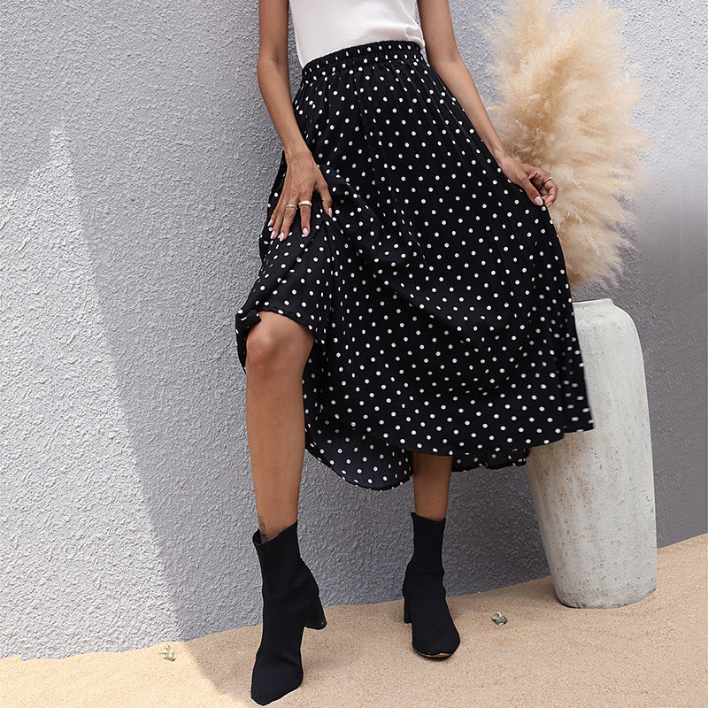 IKEARLAX cross-border trade a-shaped skirt high waist medium and long summer elastic polka dot skirt wholesale