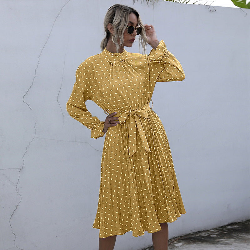 IKEARLAX autumn cross-border polka dot dress women's ruffle edge long sleeve pleated waist belt skirt