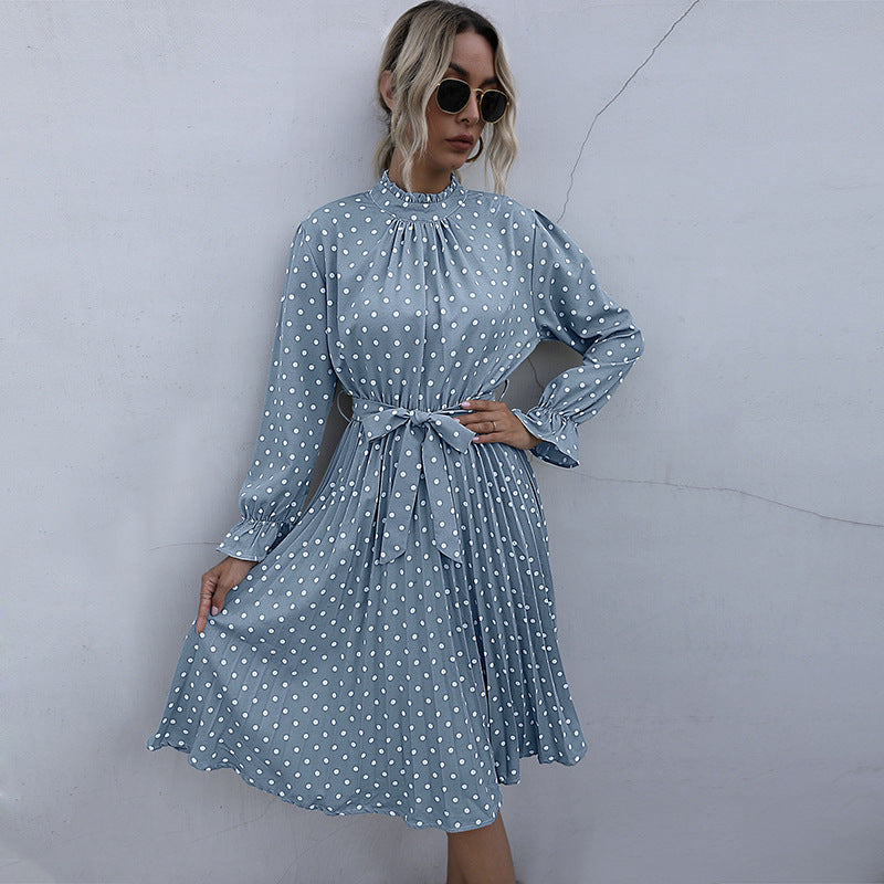 IKEARLAX autumn cross-border polka dot dress women's ruffle edge long sleeve pleated waist belt skirt