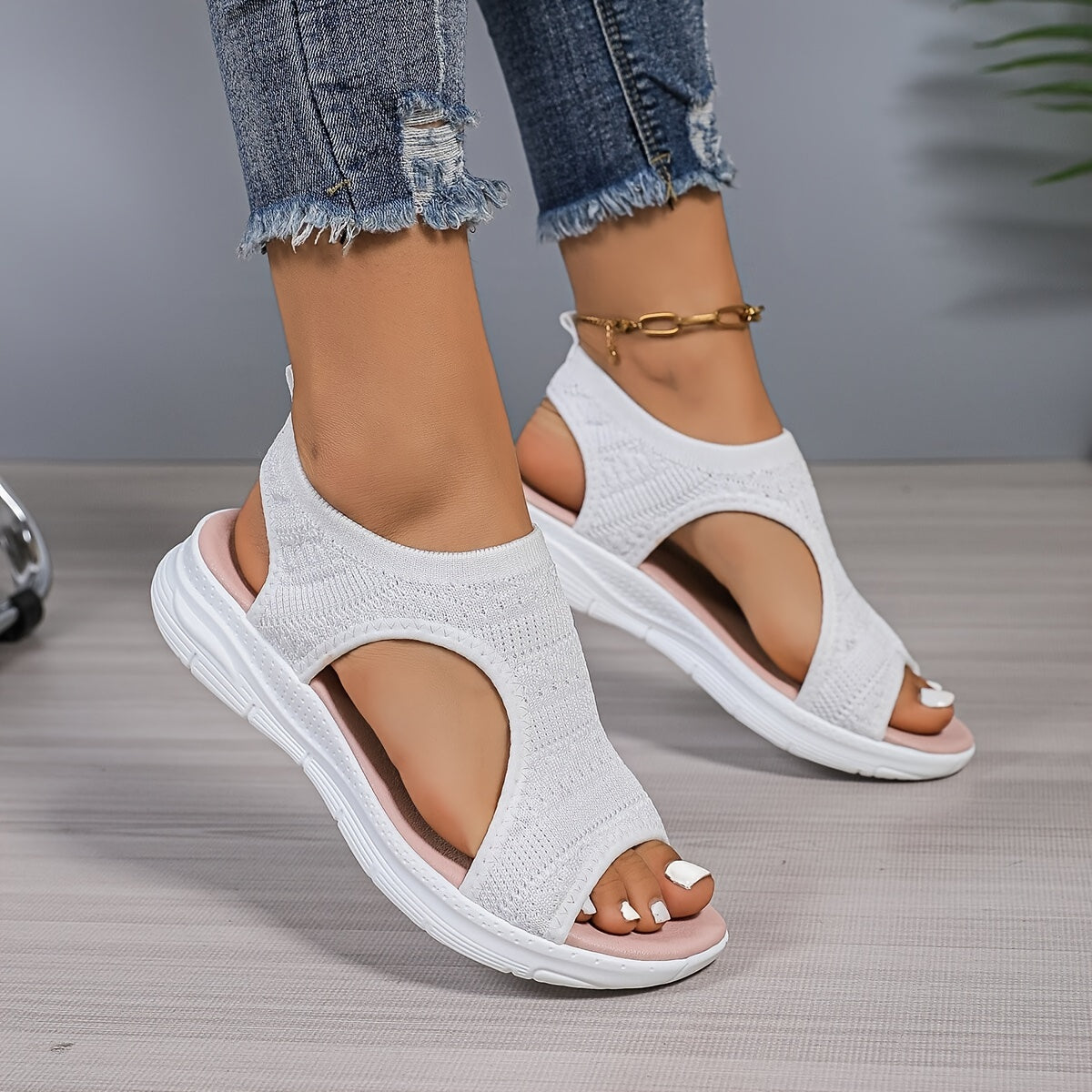 Women's Comfortable Slip-On Sandals - Breathable Knit, Open Toe, Low Heel With Durable Rubber Sole