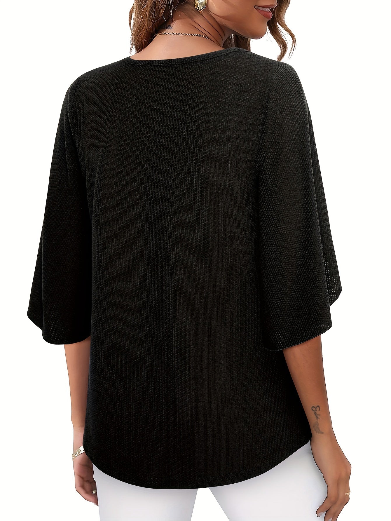 Three Quarter Sleeve Solid Heart Neck Casual T-Shirt - Soft Micro Elastic Polyester Fabric, Regular Length, Spring Summer Fall Wear - Womens Business Work Clothing