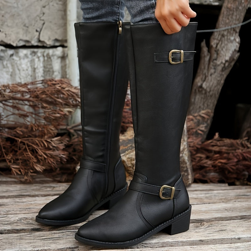 Stylish Chunky Heel Knight Boots for Women - Comfortable Pull-On Design with Side Zipper, Buckle Belt, and Solid Color Options - Perfect for Casual and Formal Occasions