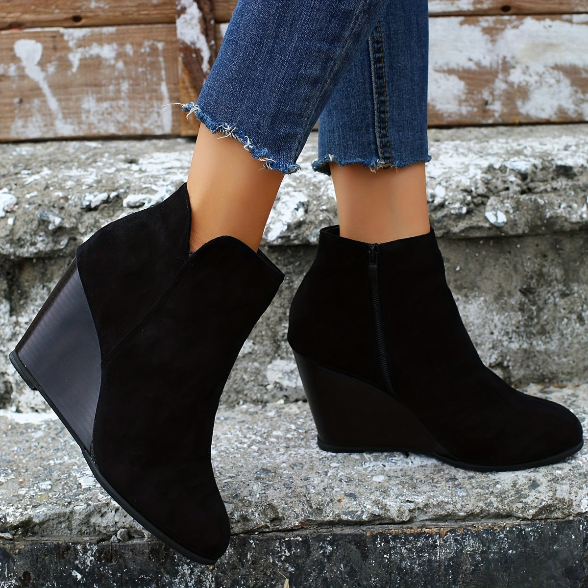 Women's Solid Color Boots, Side Zipper Heightening Wedge Casual Boots, Versatile Comfy Daily Shoes
