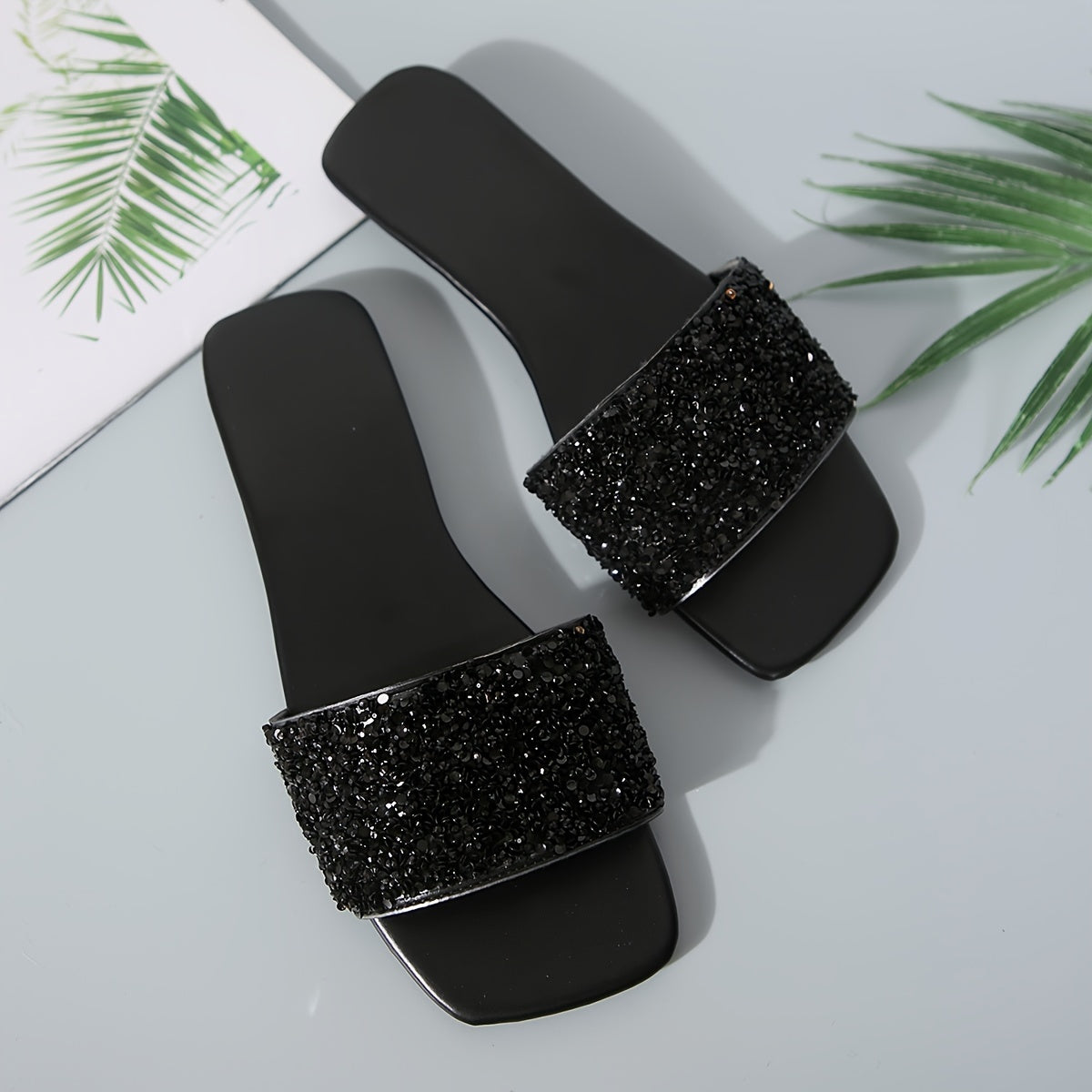 Vibrant Sequin Embellished Square Toe Flat Slides for Women - Stylish, Fashionable, and Comfortable Open-Toe Summer Shoes for Beach, Outdoor, and Casual Occasions - Perfect for Warm Weather, Vacation, and Relaxation