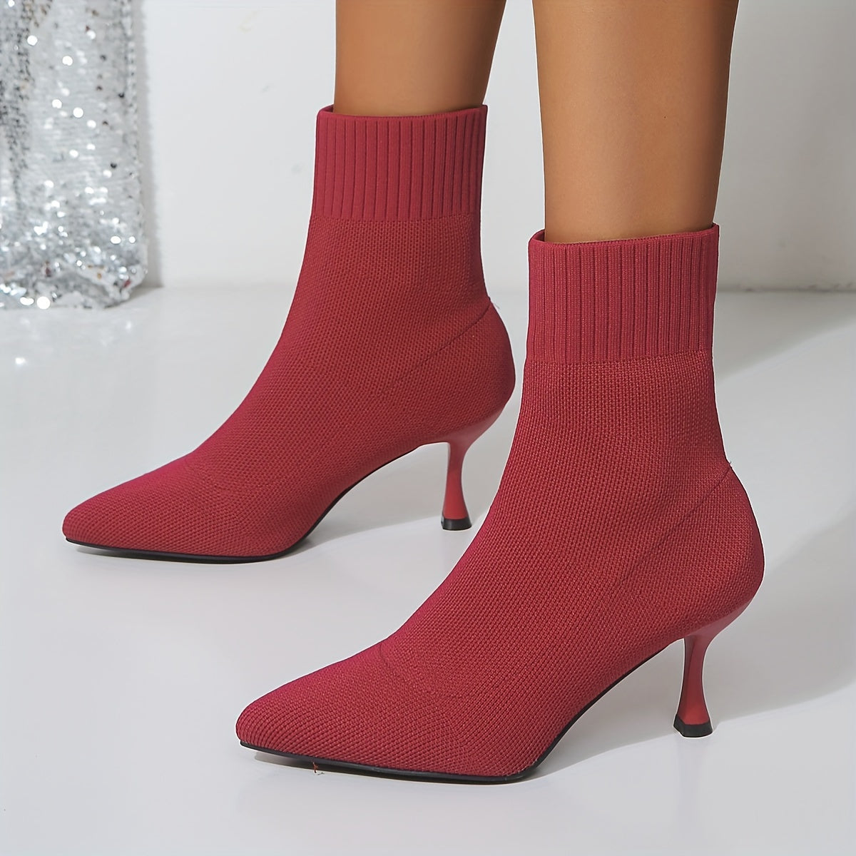 Womens Solid Color Knitted High Heel Boots - Comfortable Slip-On, Stretchy Fit, Trendy Pointed Toe - Warm Winter Stylish Slim Boots for Casual Chic