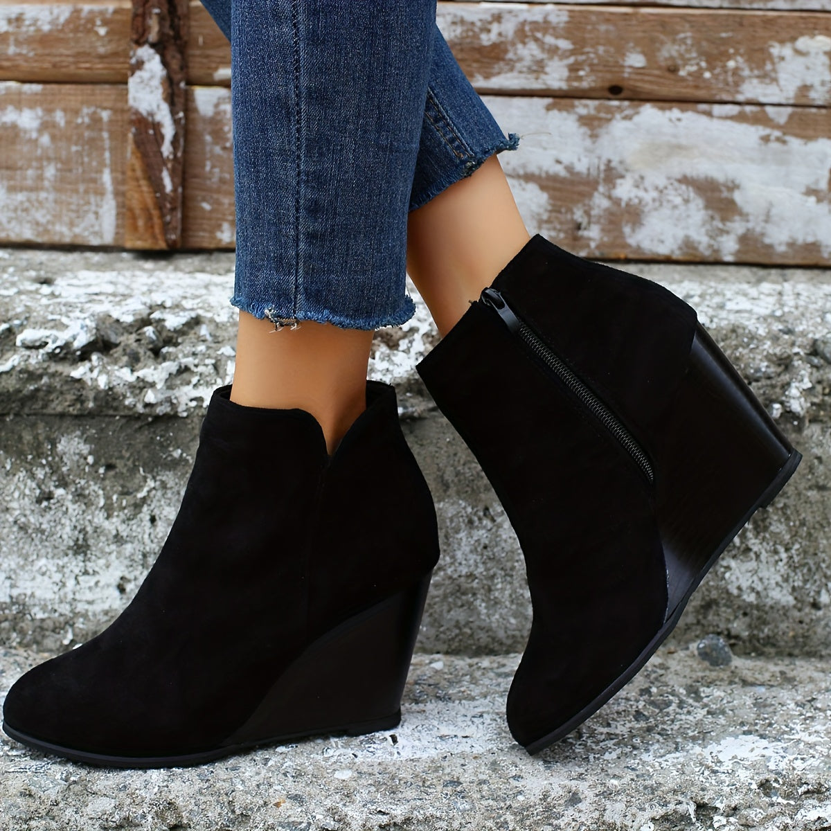 Women's Solid Color Boots, Side Zipper Heightening Wedge Casual Boots, Versatile Comfy Daily Shoes