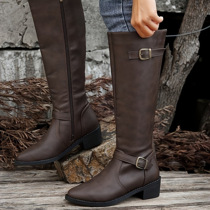 Stylish Chunky Heel Knight Boots for Women - Comfortable Pull-On Design with Side Zipper, Buckle Belt, and Solid Color Options - Perfect for Casual and Formal Occasions