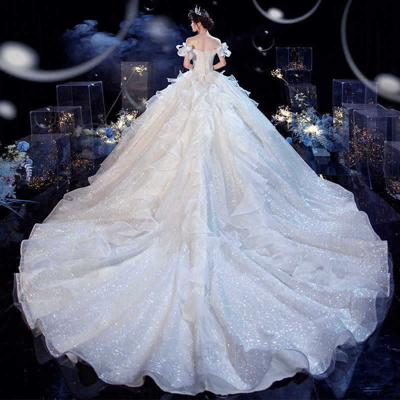 IKEARLAX Wedding Dress Wholesale Temperament Main Wedding Dress Mori Style New Small Tail off-Shoulder Dream Thin Long Floor-Length
