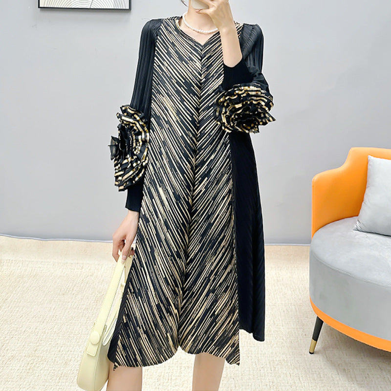 ikearlax Cross-Border Sanzhai Women's Clothing Dress plus Size Women's Bronzing Hand Plate Flower Spring Middle-Aged and Elderly Pleated Dress
