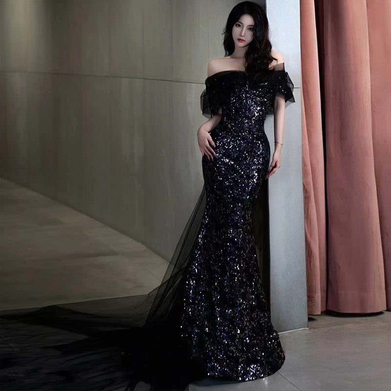 IKEARLAX Fishtail Banquet Evening Dress New Entry Lux Niche Temperament Catwalk Performance Costumes off-the-Shoulder Gown Black