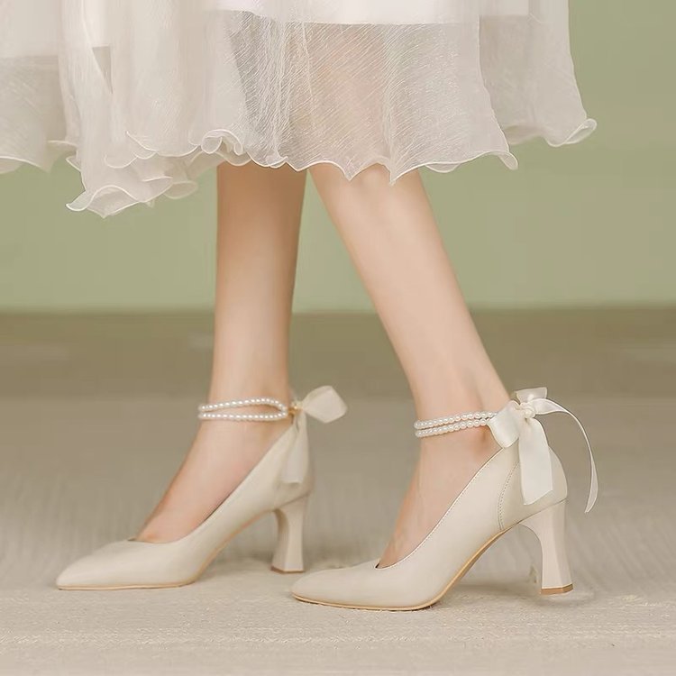 ikearlax High Heels Women Pointed Toe New Bow Fairy Style Mid Heel Chunky Heel Girl Mary Jane Shoes Women