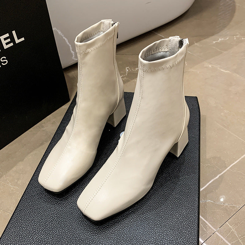 Southeast Asia Fashion Short Boots Autumn and Winter New Korean Style Women's Martin Boots Square Toe Chunky Heel Casual Leather Boots