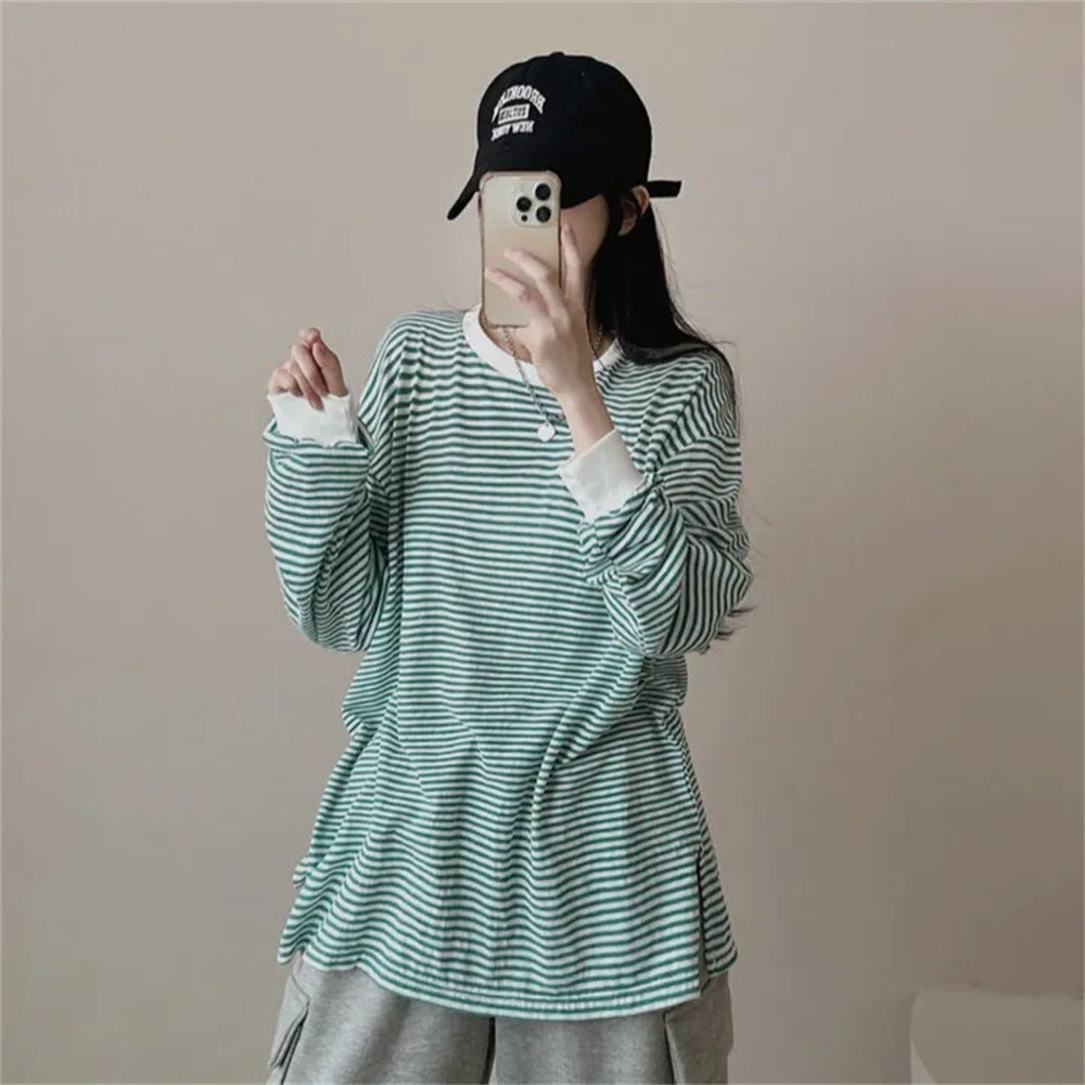 IKEARLAXManufacturer reversion Korean version crew neck striped sweater women's spring and autumn thin jacket trendy brand velvet Internet celebrity loose design sense