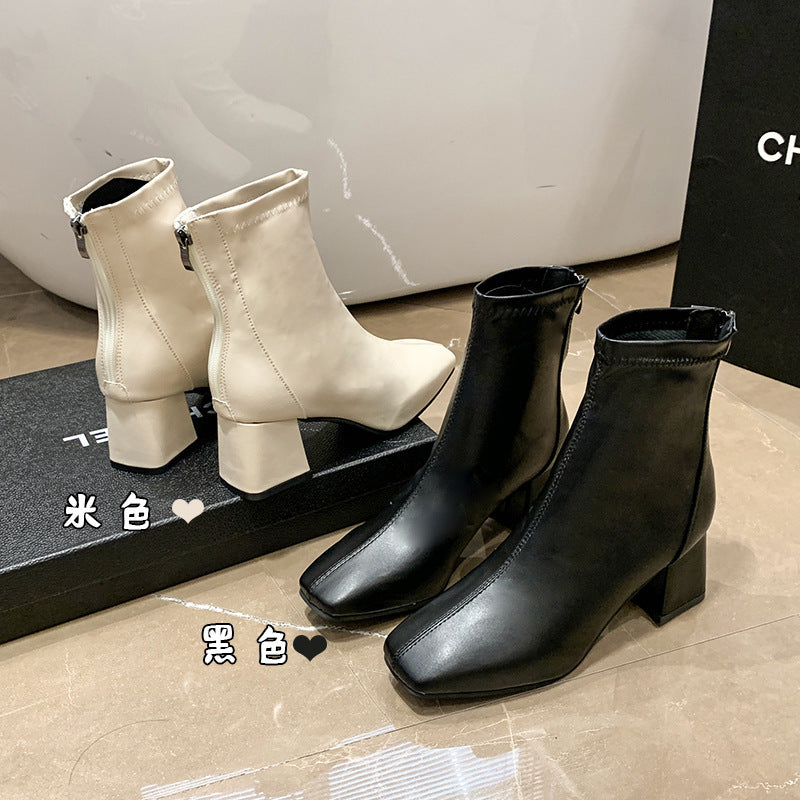 Southeast Asia Fashion Short Boots Autumn and Winter New Korean Style Women's Martin Boots Square Toe Chunky Heel Casual Leather Boots
