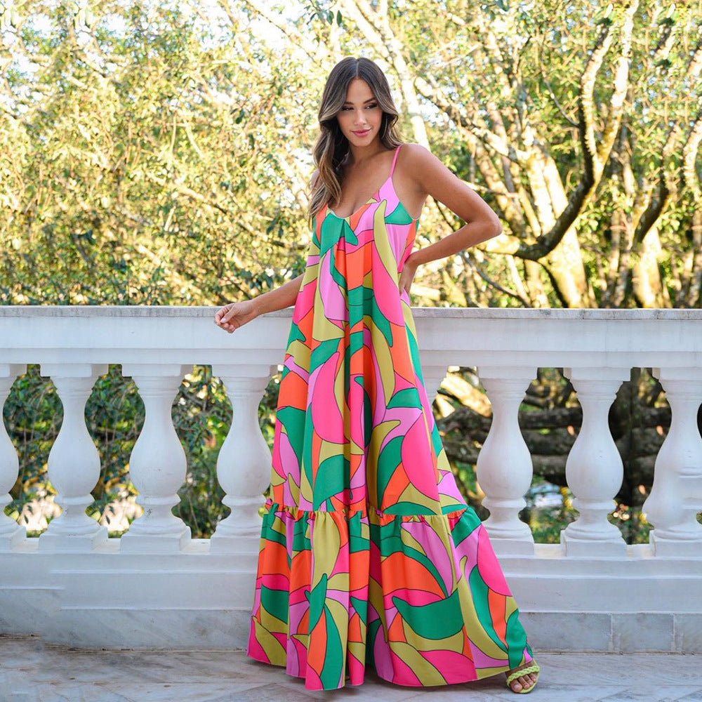 New new spring and summer women's clothing deep V backless dress Bohemian floral suspender long skirt