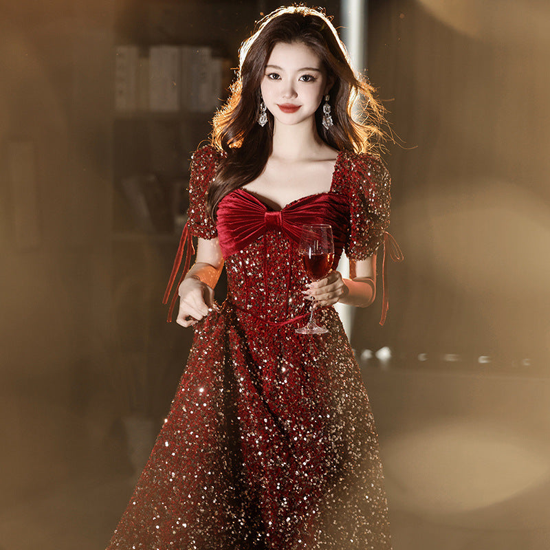 IKEARLAX Red Toast Dress Bride High-Grade Little Engagement Dress Wedding Dress Sequined Princess on the Run