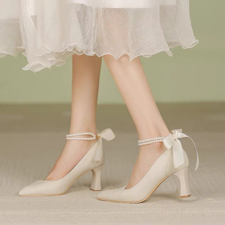 ikearlax High Heels Women Pointed Toe New Bow Fairy Style Mid Heel Chunky Heel Girl Mary Jane Shoes Women