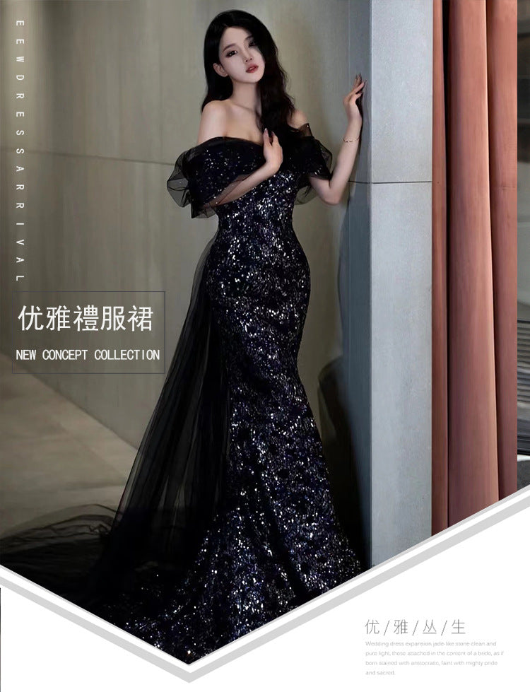IKEARLAX Fishtail Banquet Evening Dress New Entry Lux Niche Temperament Catwalk Performance Costumes off-the-Shoulder Gown Black