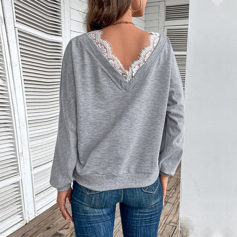 IKEARLAX cross-border women's clothing New autumn 2025 popular V-neck sweater lace splicing top fashion pullover T-shirt