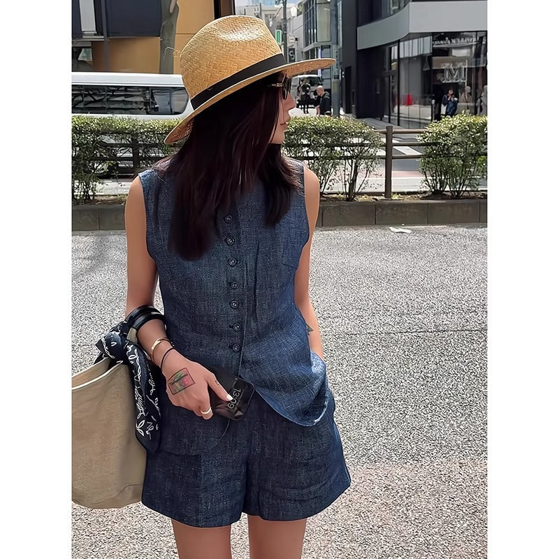 Retro Blue Linen Denim Suit Women's Summer Hong Kong Style Casual Sleeveless Vest Cardigan Shorts Fashion Two-Piece Suit