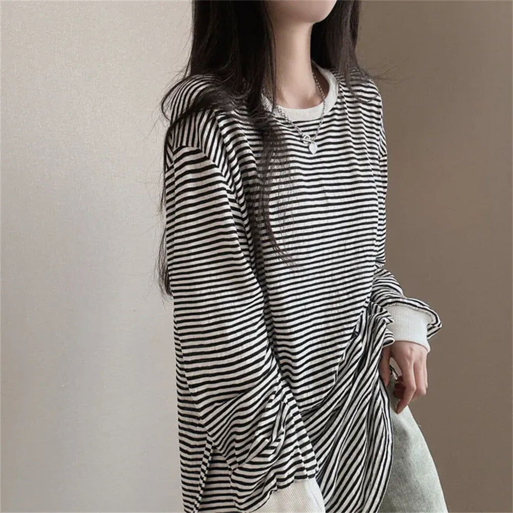 IKEARLAXManufacturer reversion Korean version crew neck striped sweater women's spring and autumn thin jacket trendy brand velvet Internet celebrity loose design sense