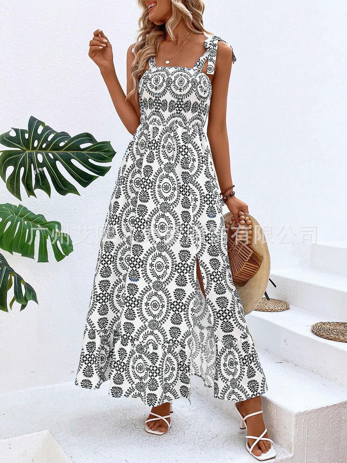 2025 Popular, , New women's clothing summer new fashion suspender printing sleeveless split long dress