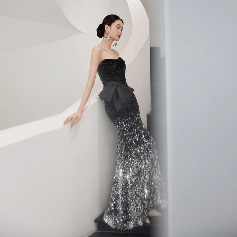 IKEARLAX Tube Top Evening Dress Light Luxury Minority Art Exam Advanced Sense Gradient Morning Gowns Sequined Host Ladies Banquet Dress