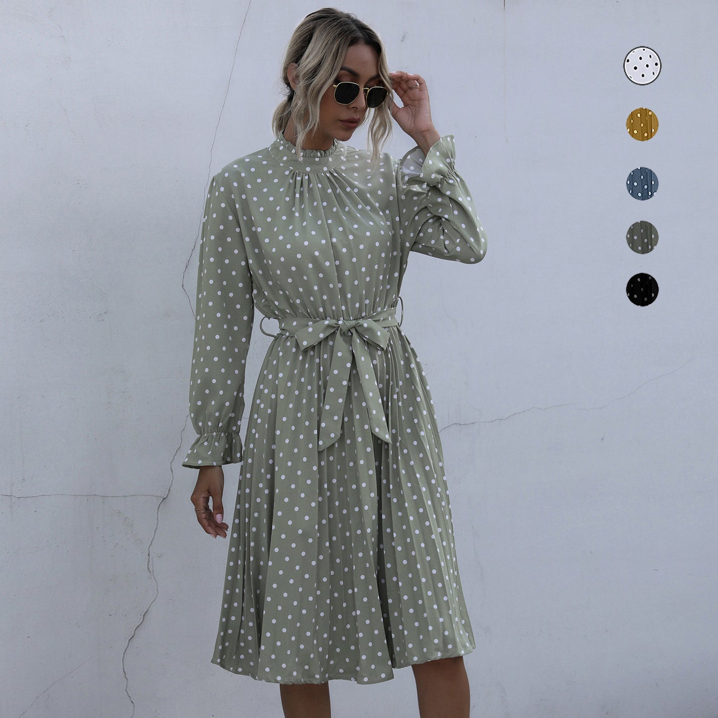 IKEARLAX autumn cross-border polka dot dress women's ruffle edge long sleeve pleated waist belt skirt