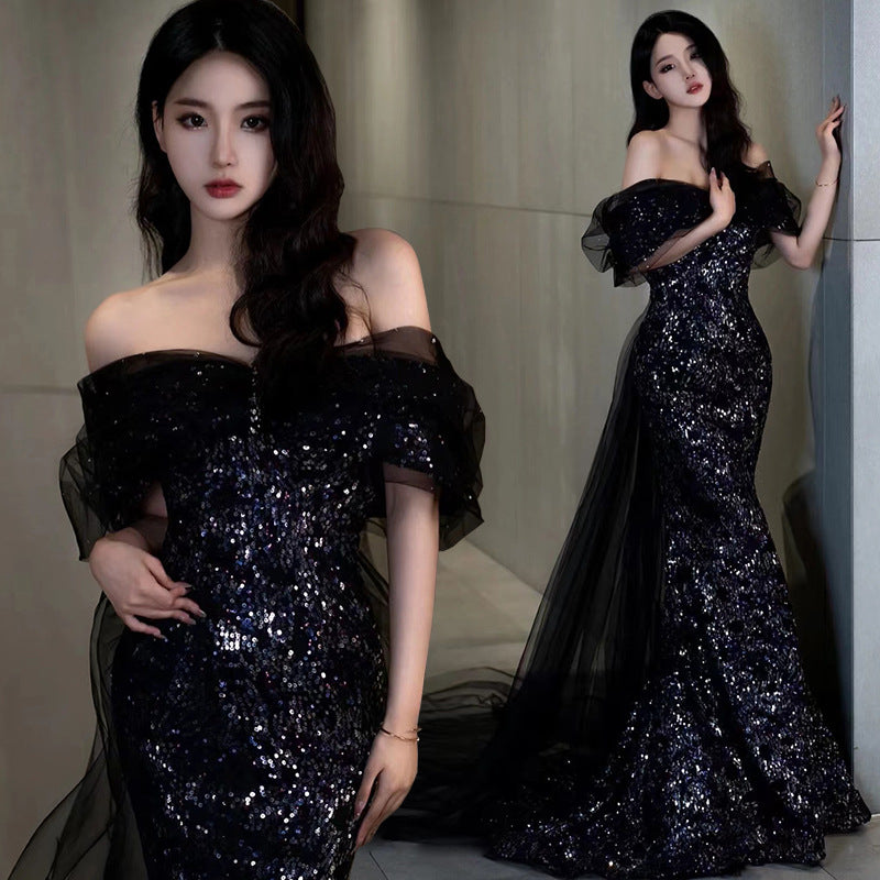 IKEARLAX Fishtail Banquet Evening Dress New Entry Lux Niche Temperament Catwalk Performance Costumes off-the-Shoulder Gown Black