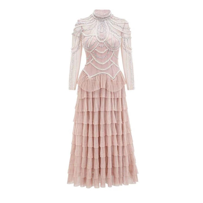 ikearlax 24 New Heavy Goddess Temperament Mesh Handmade Beaded Gorgeous Eye-Catching Banquet Evening Dress Tiered-Ruffle Long Dress