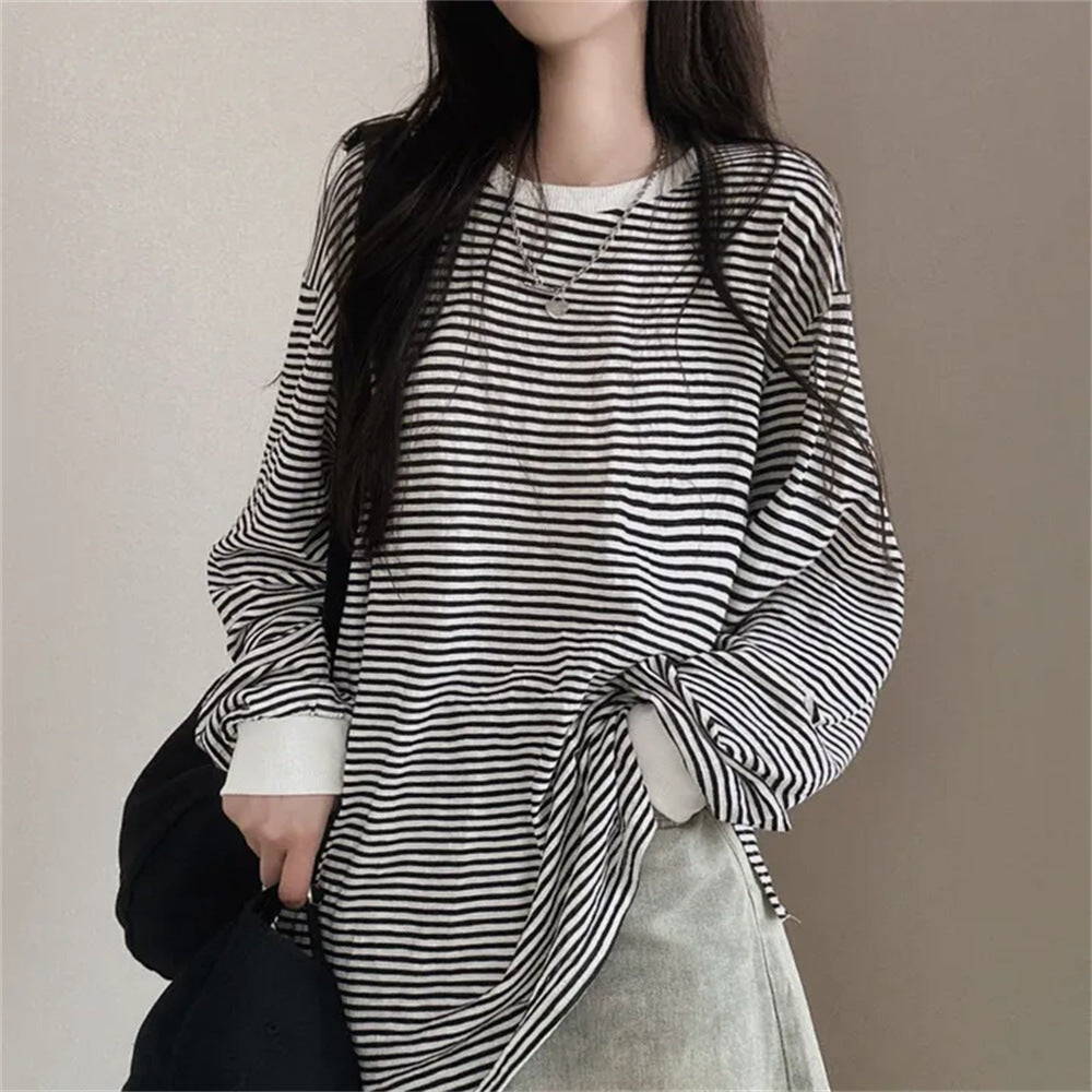 IKEARLAXManufacturer reversion Korean version crew neck striped sweater women's spring and autumn thin jacket trendy brand velvet Internet celebrity loose design sense